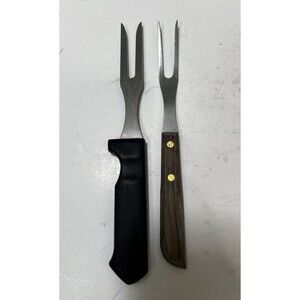 Vintage 2-Tine Wood Handled Meat Carving Fork Stainless Steel Lot Set Of 2